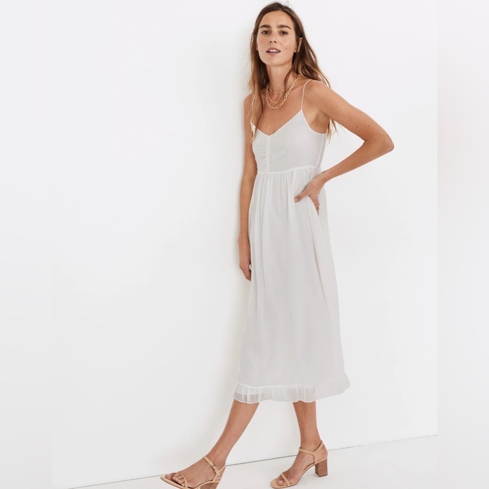 Madewell Silk Ruched Ruffle-Hem Midi Dress in White- Size 0 NWT